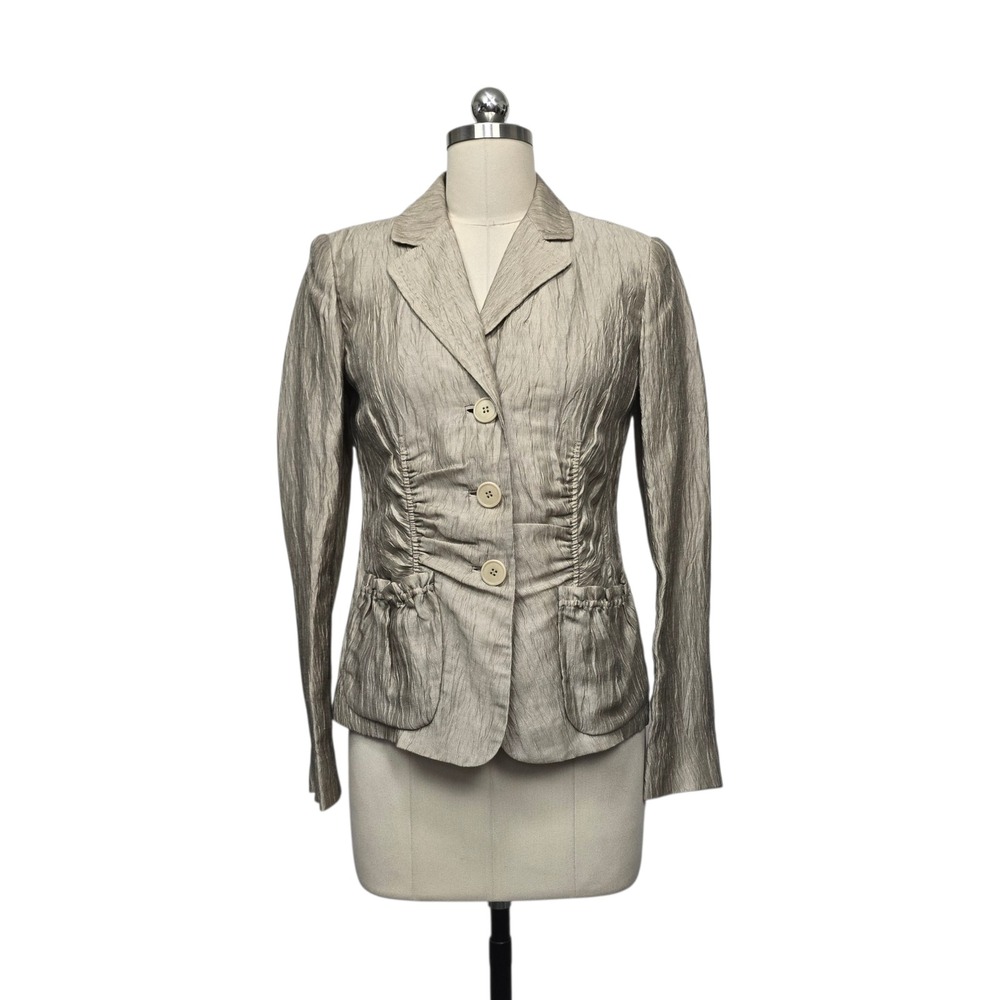 Lafayette 148 New York Linen Blend Ruched Crinkle Blazer Jacket Champagne Size 0
